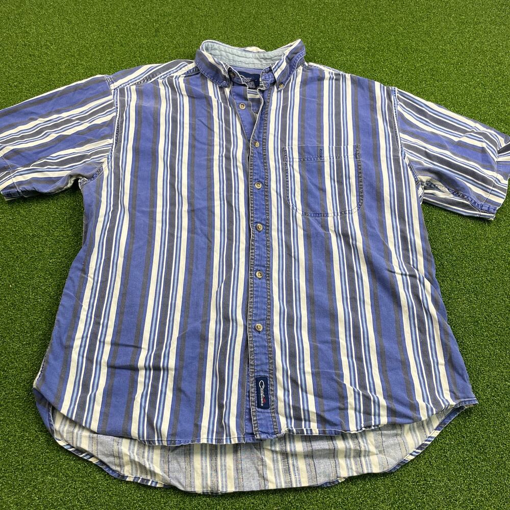 Vintage Catalina Mens Blue Stripe Short Sleeve Button Down Shirt Sz L